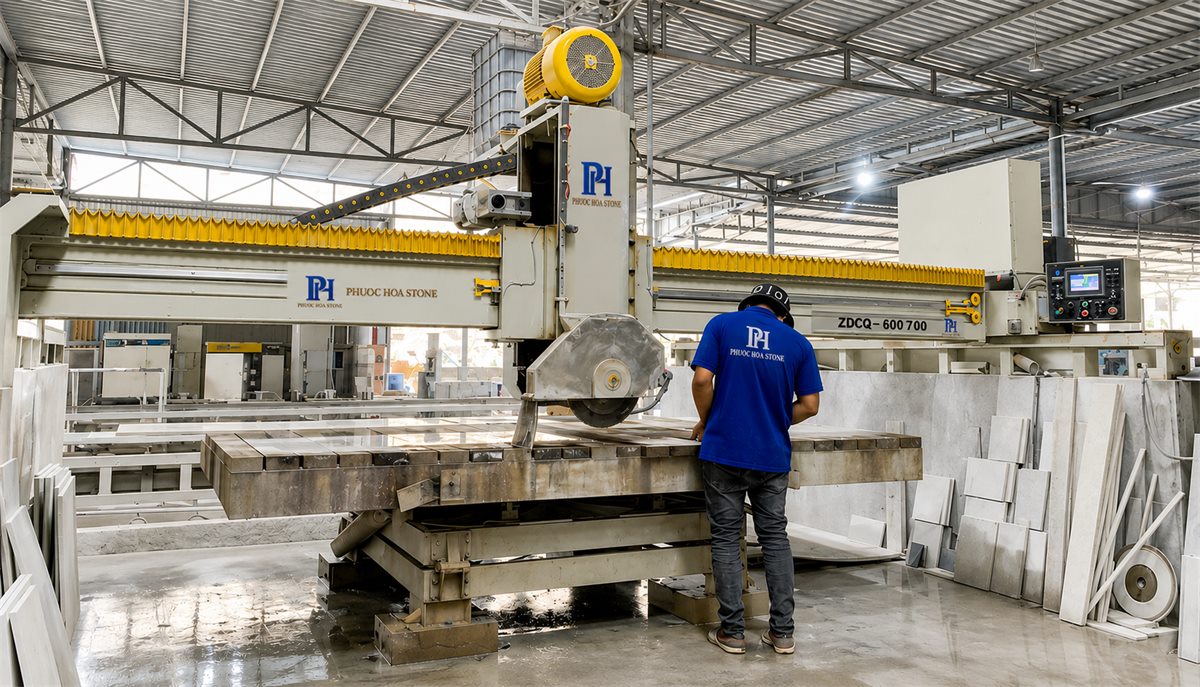 Stone fabrication process in workshop